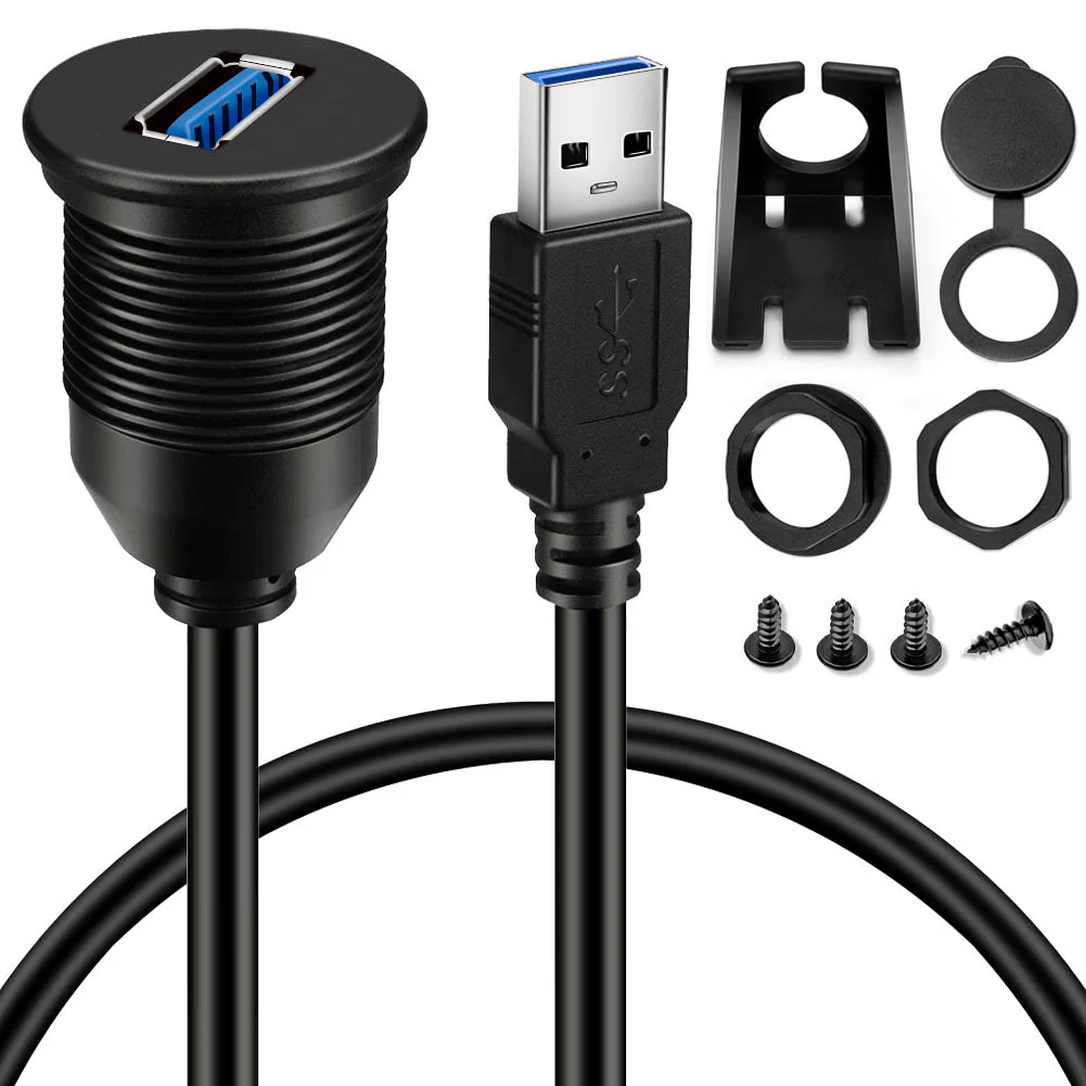 BATIGE 2 Pack Single Port USB 3.0 Car Mount Flush Cable USB3.0 Male to Female Extension Waterproof for Car Truck Boat Motorcycle Dashboard Panel 3ft