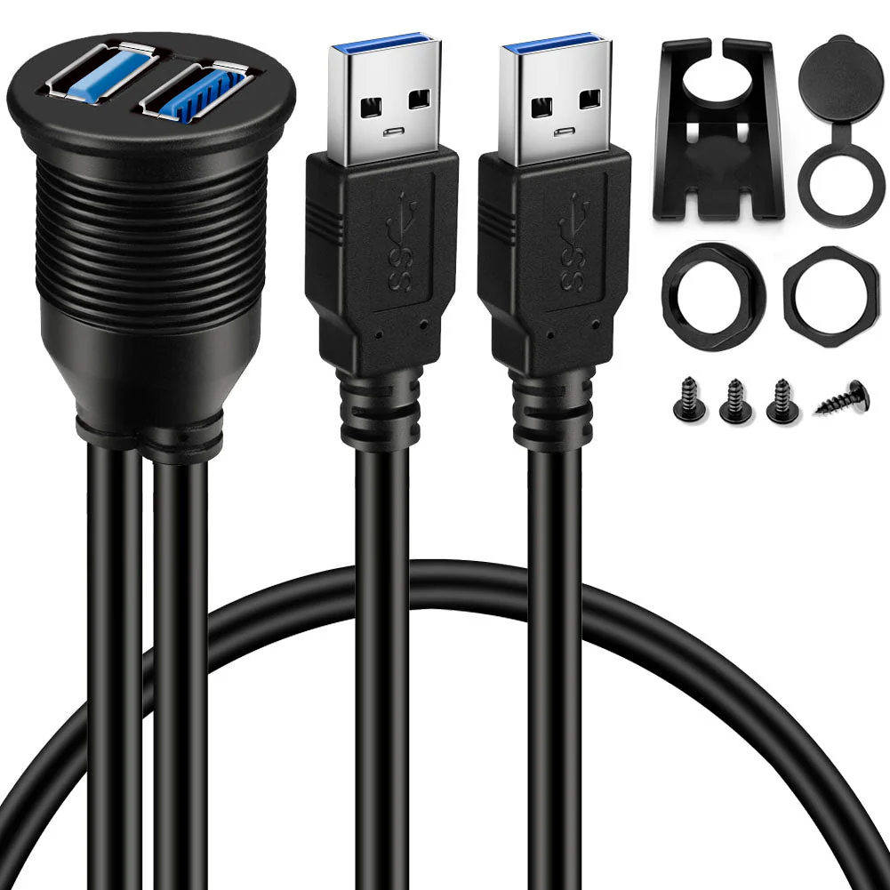 BATIGE 2 Pack Dual USB 3.0 Car Mount Flush Cable USB3.0 Male to Female Car Mount Extension Cable Waterproof for Car Truck Boat Motorcycle Dashboard Panel 3ft