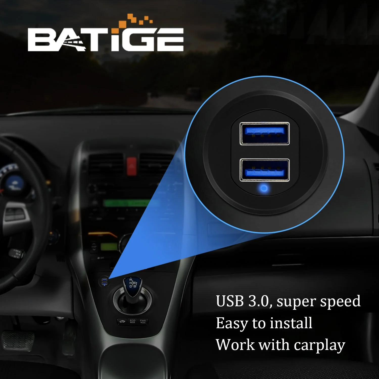 BATIGE Alloy Dual Port USB 3.0 Car Dashboard Flush Mount Cable, Male to Female with LED Indicator Extension Cable for Car Truck Boat Motorcycle Dashboard Panel - 3ft - Image 2