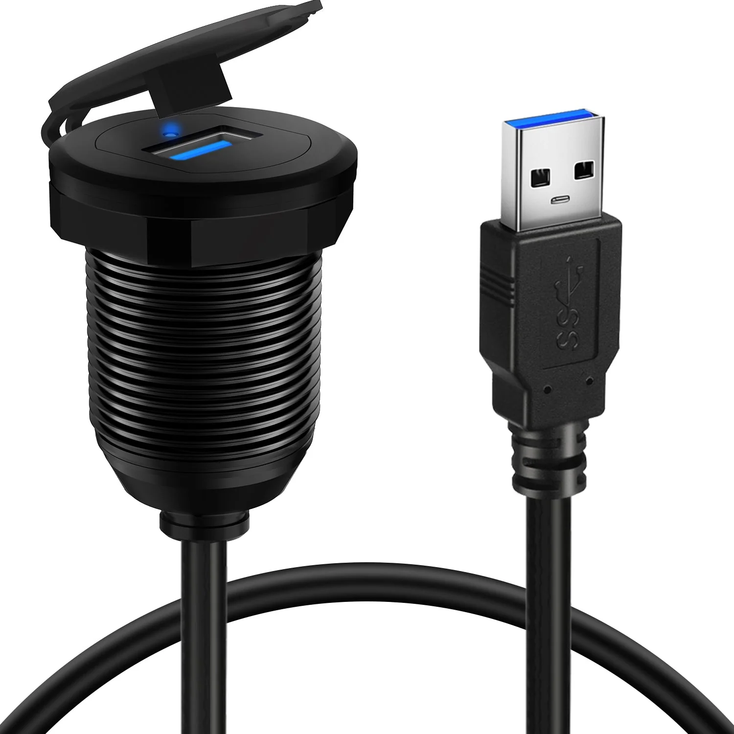 BATIGE Alloy Single Port USB 3.0 Dashboard Port Car Mount Flush Cable, Male to Female Waterproof Extension Cable for Car Truck Boat Motorcycle with LED Indicator - 3ft