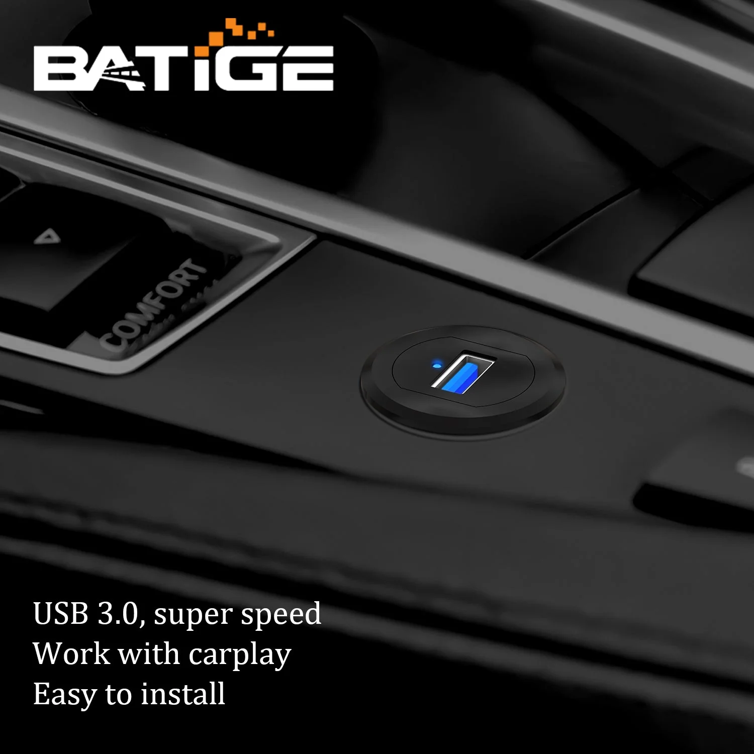 BATIGE Alloy Single Port USB 3.0 Dashboard Port Car Mount Flush Cable, Male to Female Waterproof Extension Cable for Car Truck Boat Motorcycle with LED Indicator - 3ft - Image 2