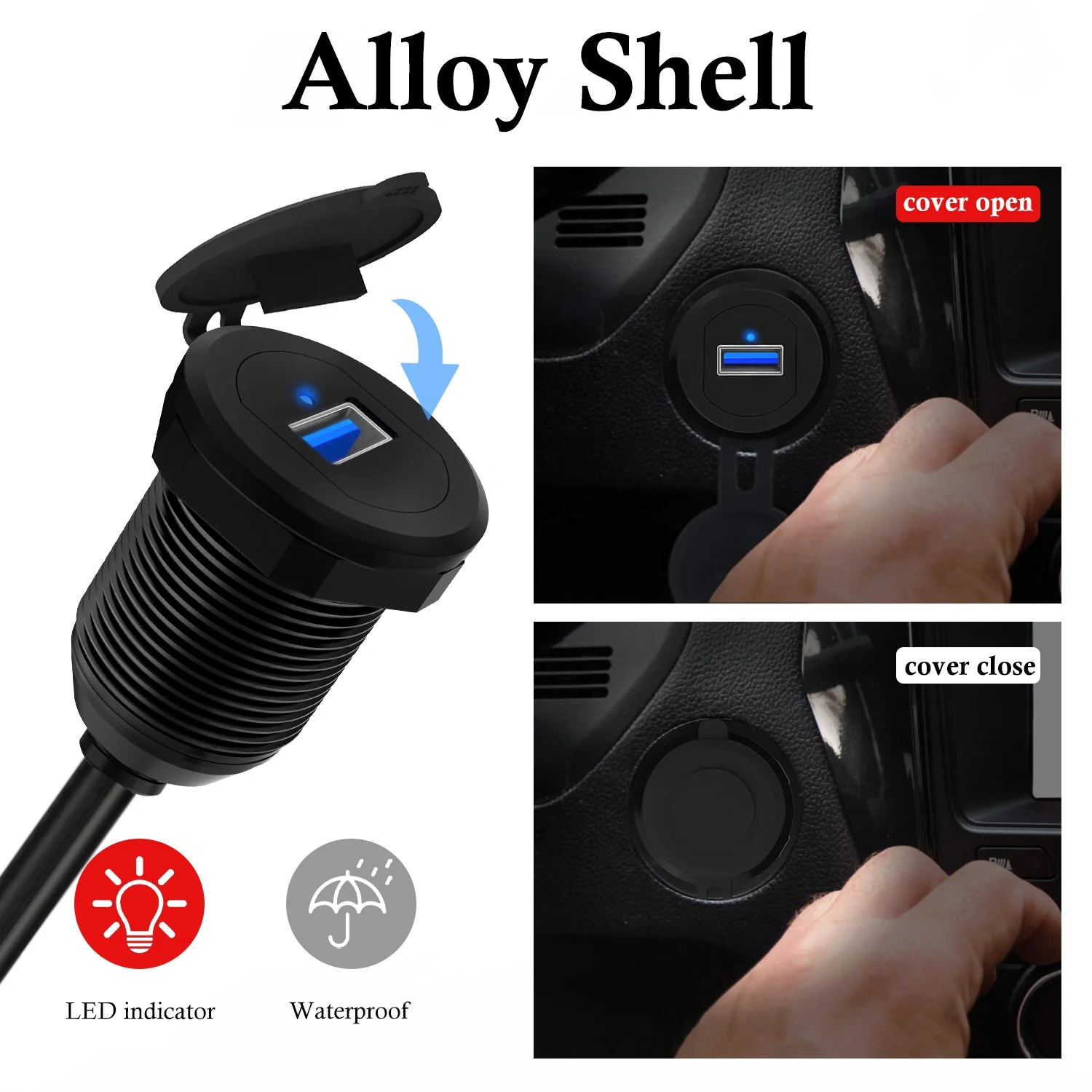 BATIGE Alloy Single Port USB 3.0 Dashboard Port Car Mount Flush Cable, Male to Female Waterproof Extension Cable for Car Truck Boat Motorcycle with LED Indicator - 3ft - Image 5