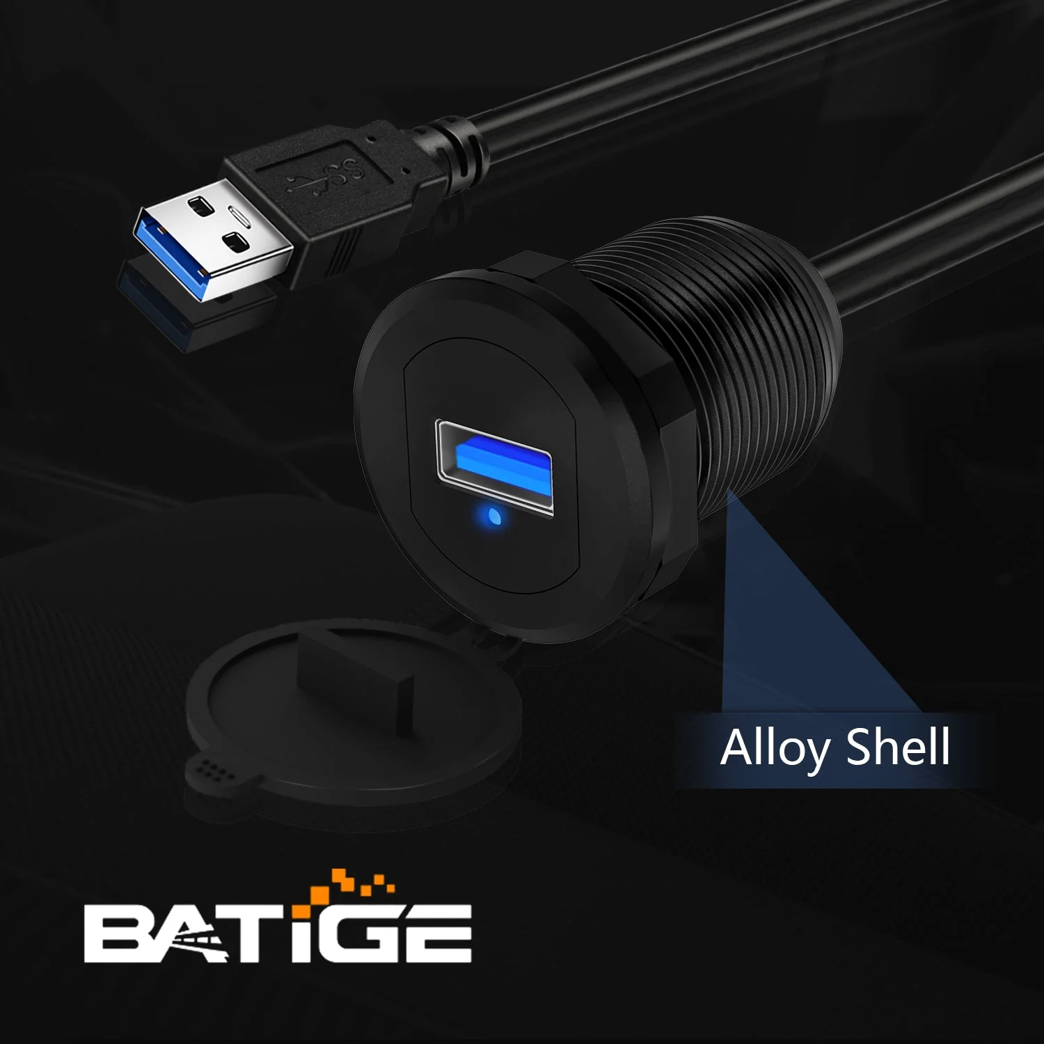 BATIGE Alloy Single Port USB 3.0 Dashboard Port Car Mount Flush Cable, Male to Female Waterproof Extension Cable for Car Truck Boat Motorcycle with LED Indicator - 3ft - Image 6