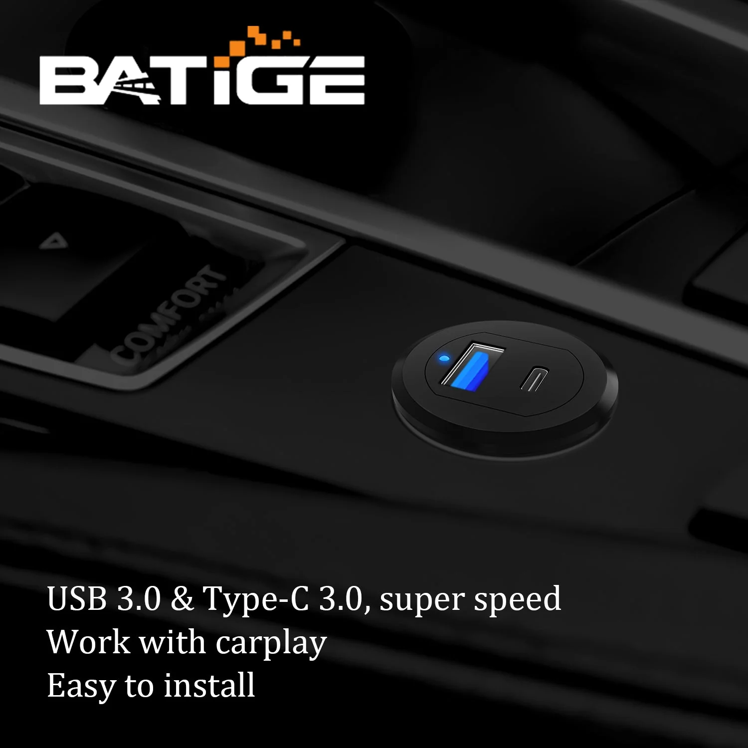 BATIGE Type C 3.0 USB 3.0 Alloy Shell Car Mount Flush USB Port Cable Male to Female, Car Truck Boat Motorcycle Dashboard Panel Extension Cable LED Indicator - 3ft - Image 3