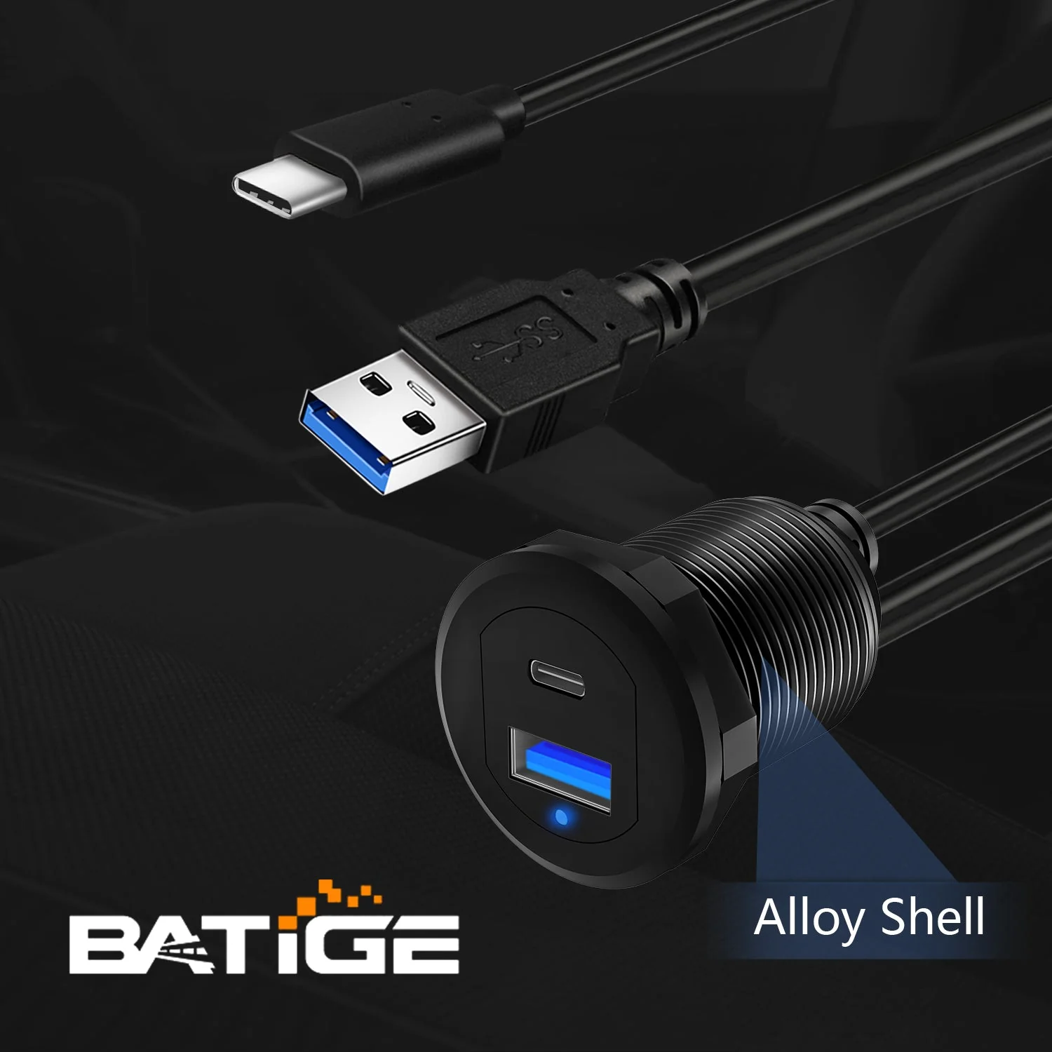 BATIGE Type C 3.0 USB 3.0 Alloy Shell Car Mount Flush USB Port Cable Male to Female, Car Truck Boat Motorcycle Dashboard Panel Extension Cable LED Indicator - 3ft - Image 6