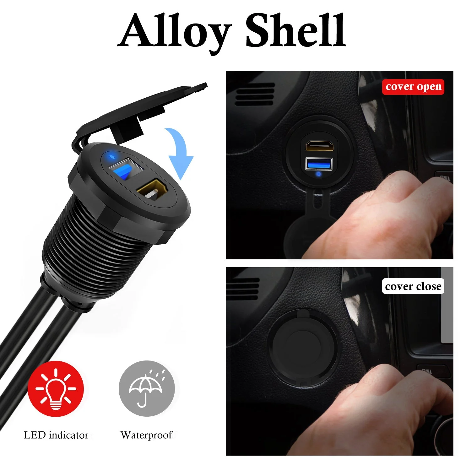 BATIGE USB 3.0 HDMI Car Mount Flush USB Port Cable, Alloy Shell HDMI USB3.0 Dash Panel Extension Cable with LED Indicator for Car Boat Motorcycle -3ft - Image 2