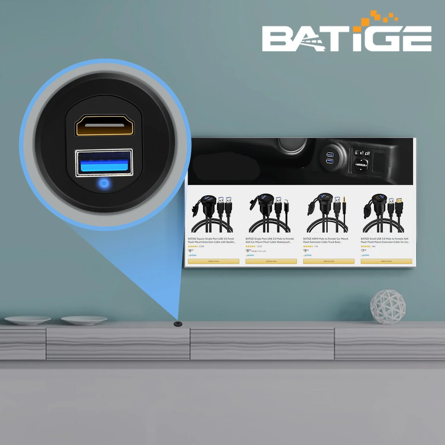 BATIGE USB 3.0 HDMI Car Mount Flush USB Port Cable, Alloy Shell HDMI USB3.0 Dash Panel Extension Cable with LED Indicator for Car Boat Motorcycle -3ft - Image 3