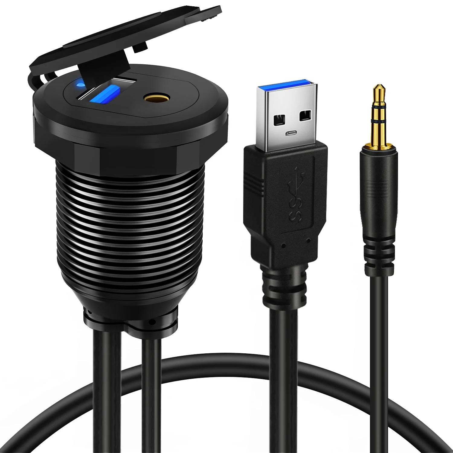 BATIGE Alloy USB 3.0 AUX DC3.5mm Port Car Mount Flush Cable for Car Boat Motorcycle Dash Panel with LED Indicator - 3ft