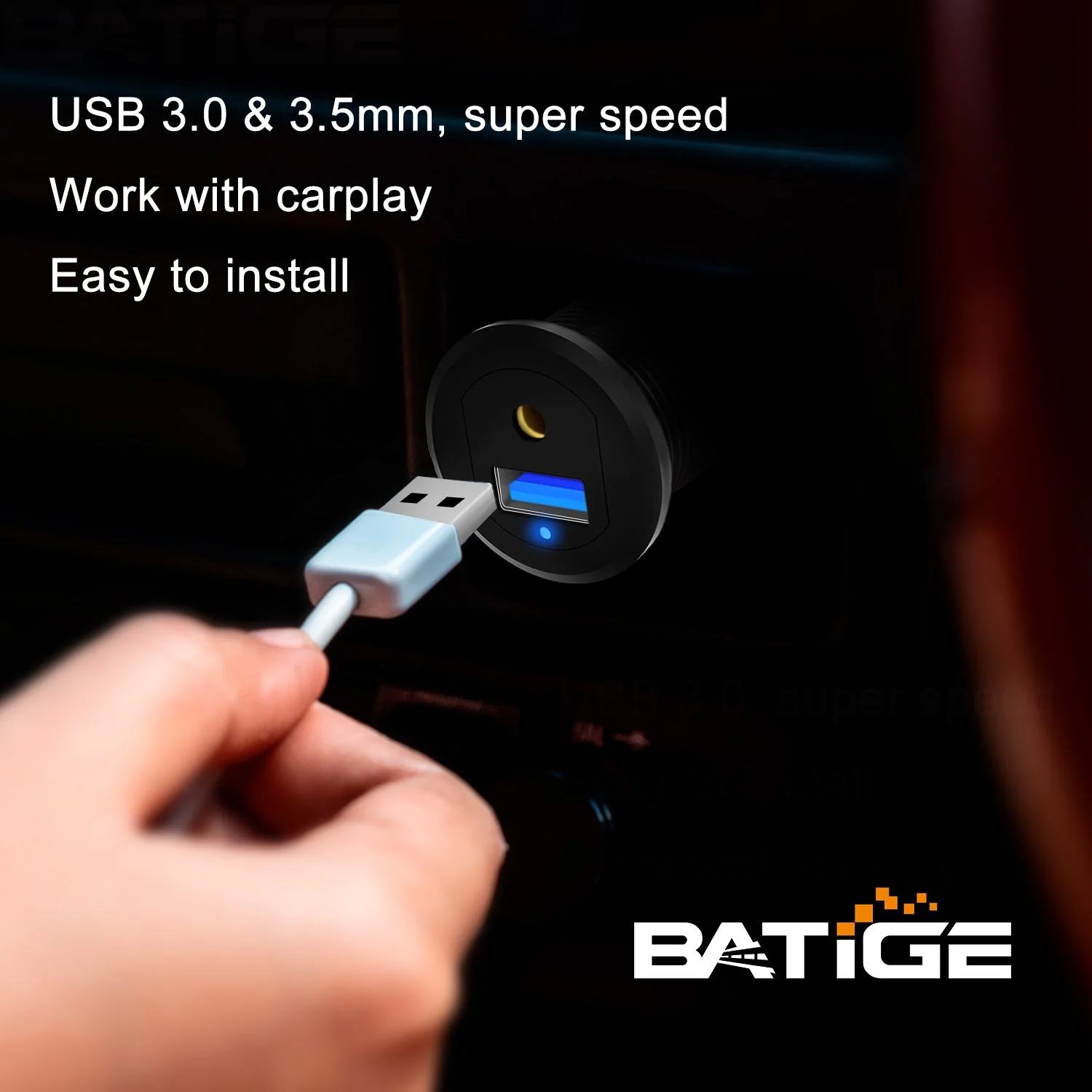 BATIGE Alloy USB 3.0 AUX DC3.5mm Port Car Mount Flush Cable for Car Boat Motorcycle Dash Panel with LED Indicator - 3ft - Image 2