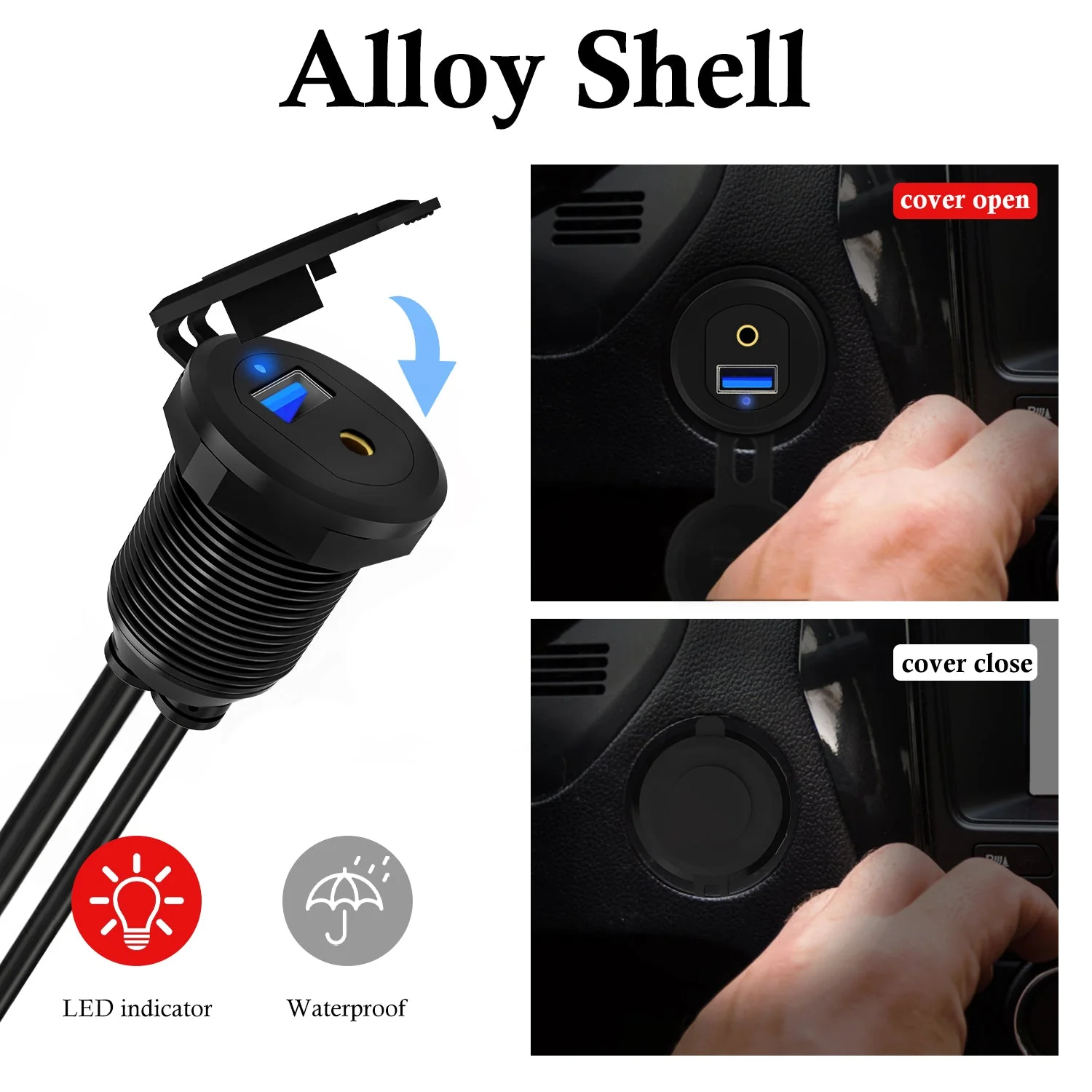 BATIGE Alloy USB 3.0 AUX DC3.5mm Port Car Mount Flush Cable for Car Boat Motorcycle Dash Panel with LED Indicator - 3ft - Image 3