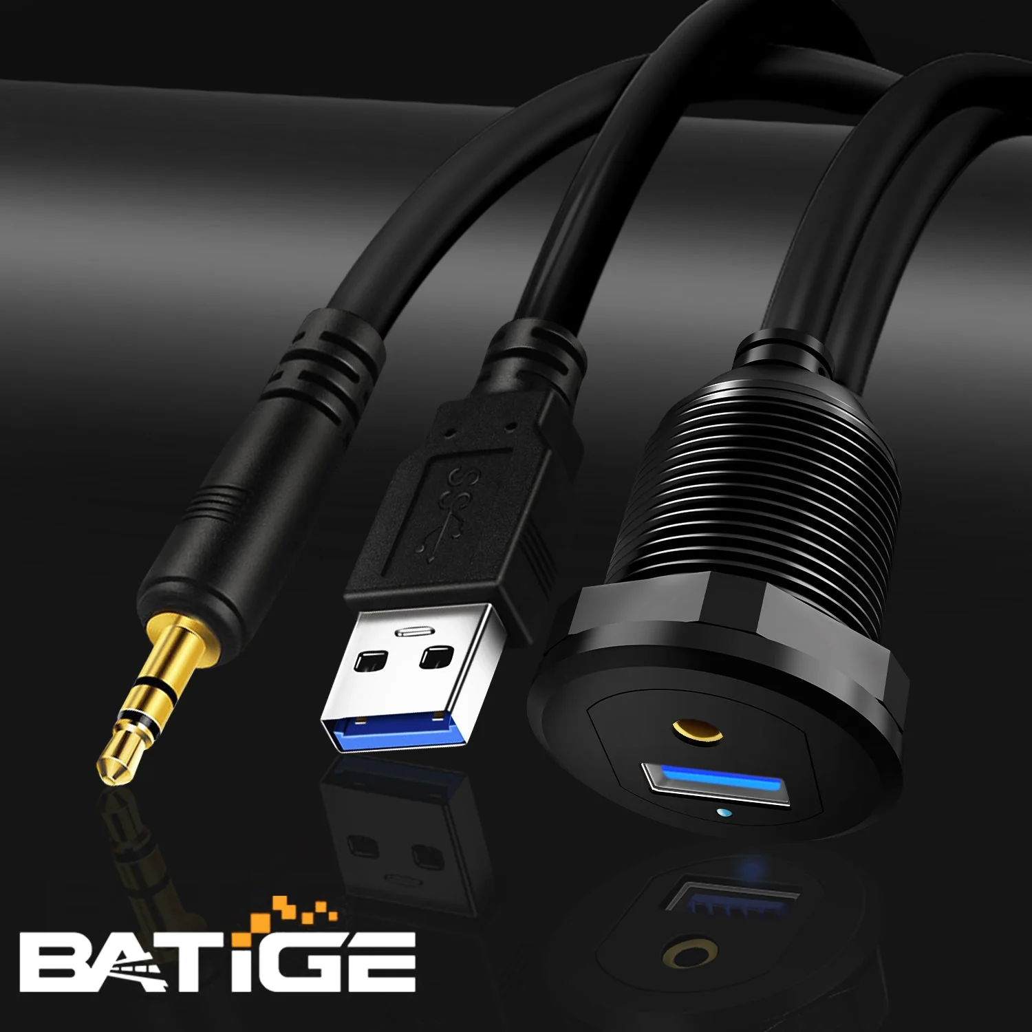 BATIGE Alloy USB 3.0 AUX DC3.5mm Port Car Mount Flush Cable for Car Boat Motorcycle Dash Panel with LED Indicator - 3ft - Image 7