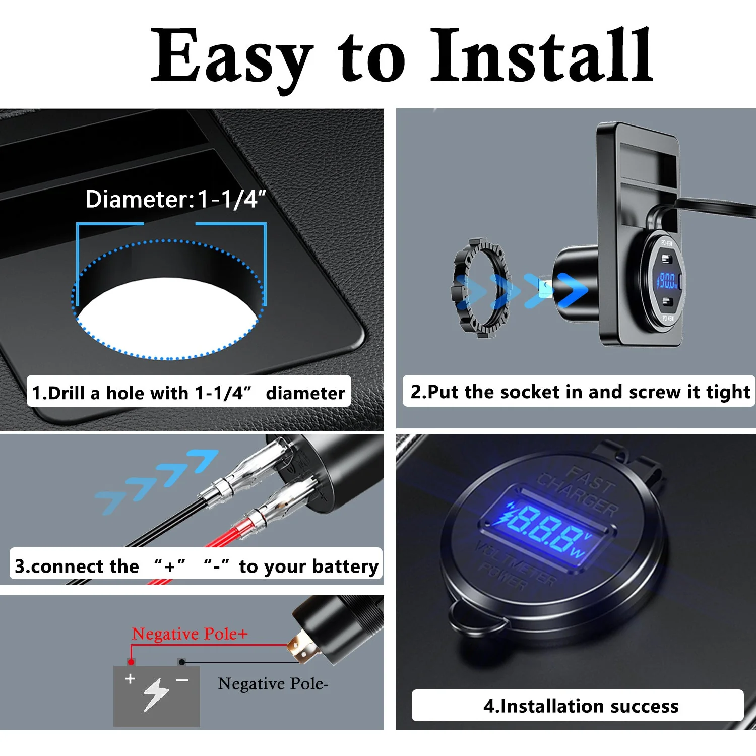 BATIGE Dual PD 45W USB C Charger Socket Fast Charge Dual PD USB C Port Waterproof with Switch LED Voltmeter and Wire Fuse DIY Kit for 12V/24V Car Boat Marine ATV Bus Truck RV Motorcycle - Image 5