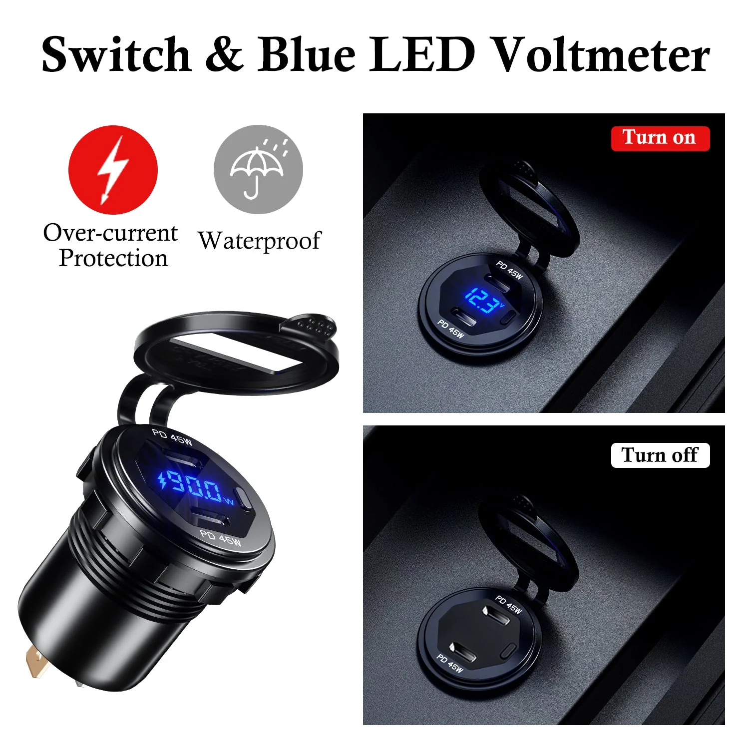 BATIGE Dual PD 45W USB C Charger Socket Fast Charge Dual PD USB C Port Waterproof with Switch LED Voltmeter and Wire Fuse DIY Kit for 12V/24V Car Boat Marine ATV Bus Truck RV Motorcycle - Image 7