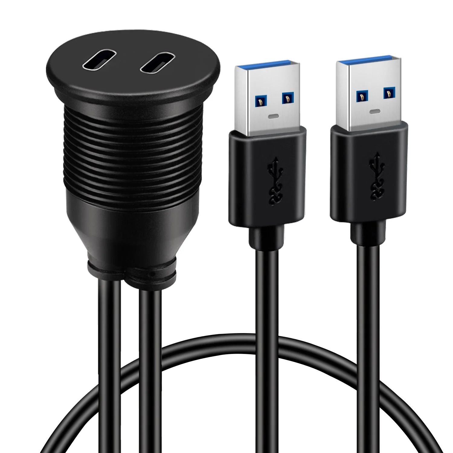 BATIGE Dual Port USB 3.0 Male to Type C 3.0 Female 2 Ports Car Mount Flush Cable Waterproof Extension for Car Truck Boat Motorcycle Dashboard Panel - 3ft