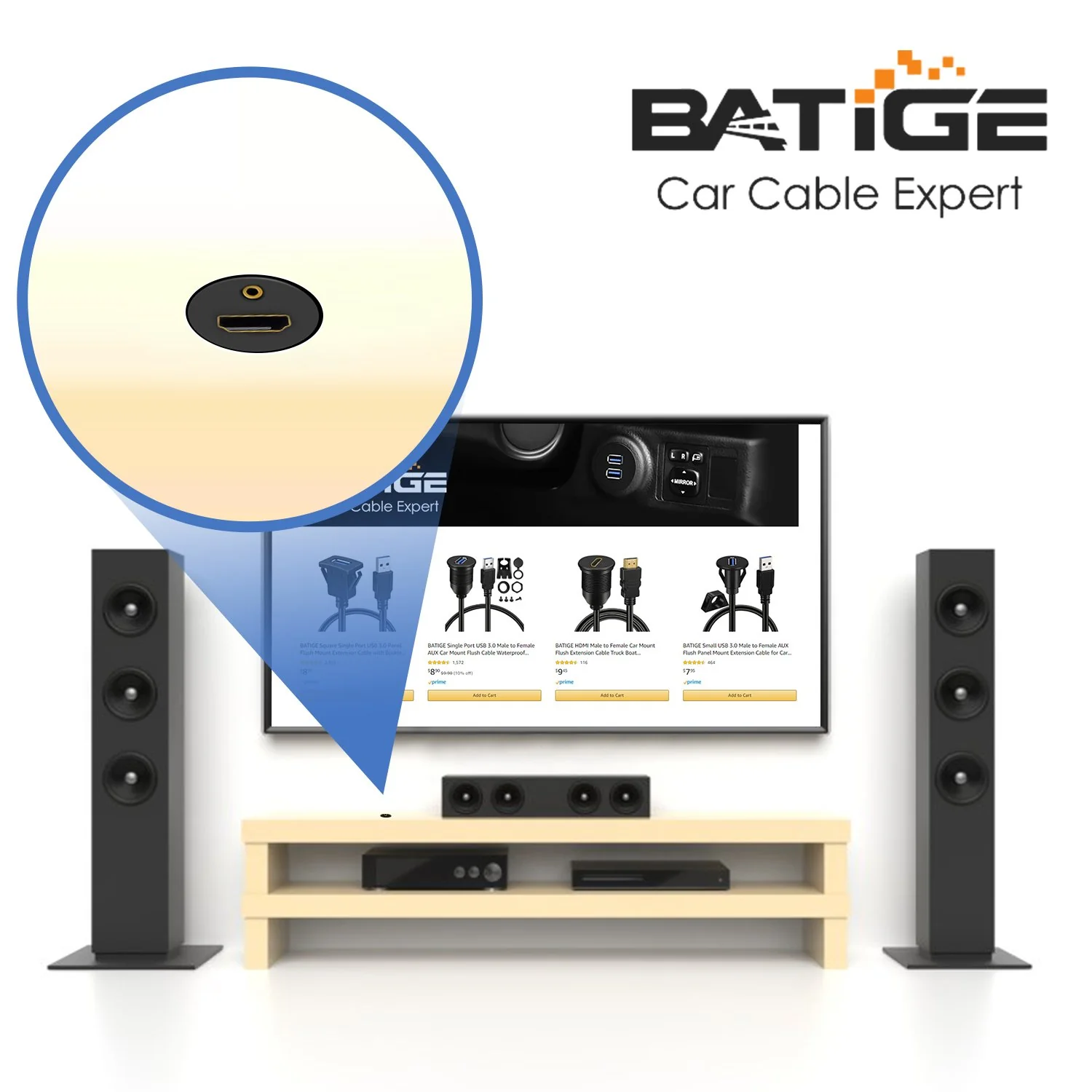 BATIGE HDMI & 3.5mm Male to Female 3.5mm + HDMI Car Mount Flush Extension Cable with Mounting Panel - 3ft - Image 2