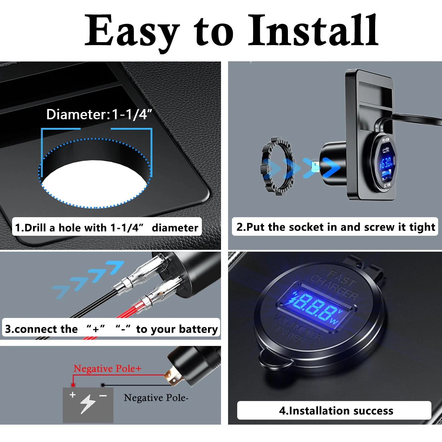 BATIGE PD 45W USB C Quick Charger 18W USB 3.0 Charger Socket Waterproof with Switch LED Voltmeter and Wire Fuse DIY Kit for 12V/24V Car Boat Marine ATV Bus Truck RV Motorcycle - Image 6