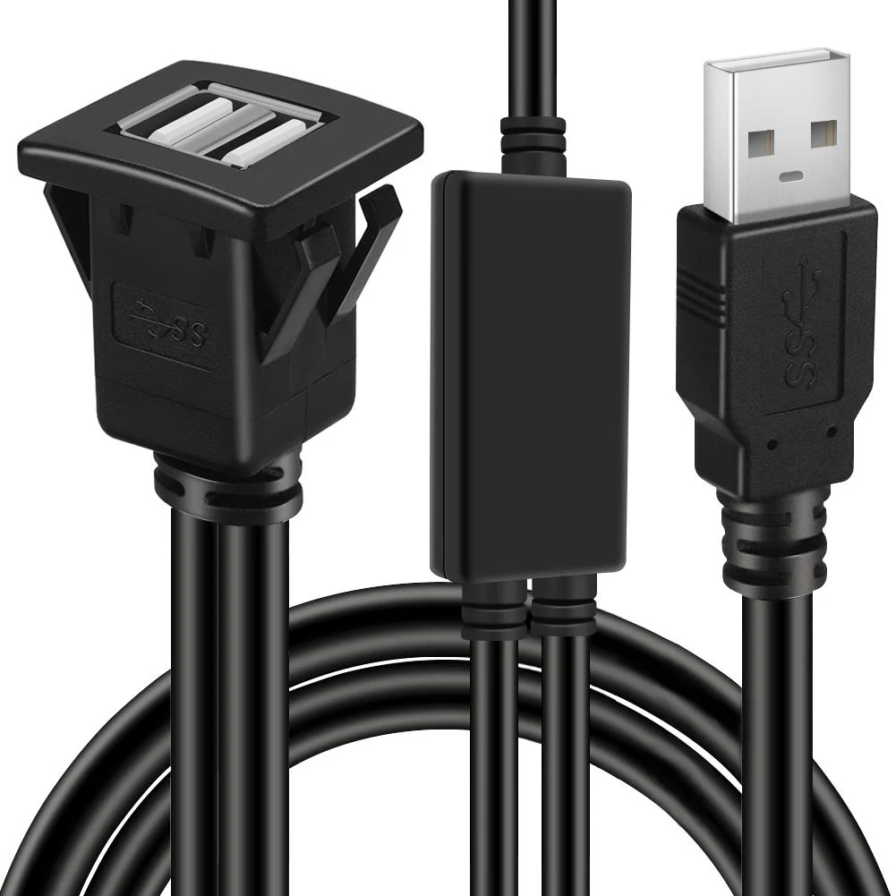 BATIGE 2 Ports Square USB 2.0 Panel Flush Mount Extension Cable with Buckle Charge and Transfer Data at The Same Time for Car Truck Boat Motorcycle 3ft