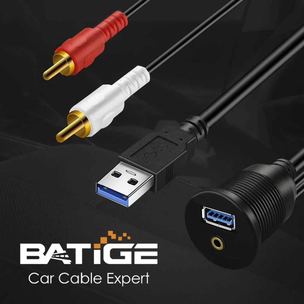 BATIGE USB 3.0 & 2 RCA Male to 3.5mm USB3.0 Female Car Mount Flush Cable 2RCA USB 3.0 Flush Mount Extension Cable - 6ft - Image 3