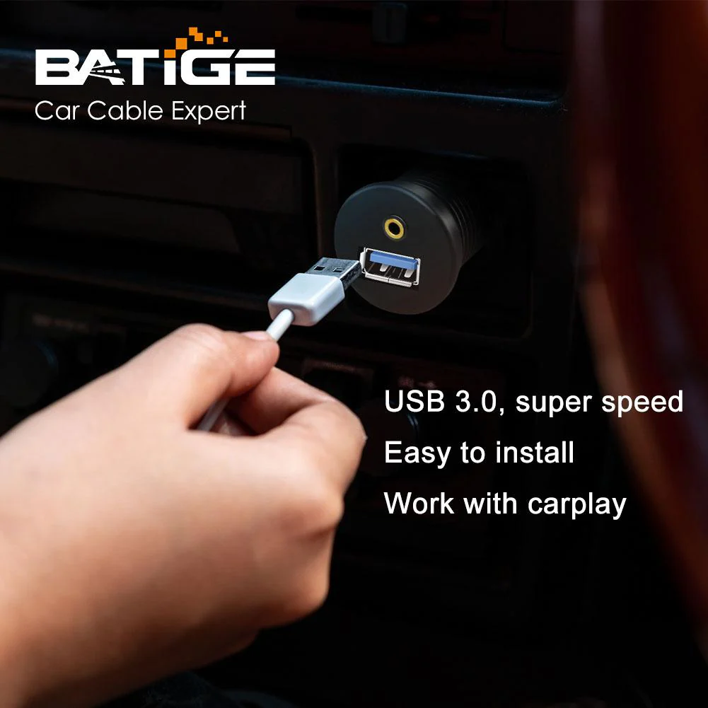 BATIGE USB 3.0 & 3.5mm Car Mount Flush Cable 3.5mm + USB3.0 AUX Extension Dash Panel Waterproof Mount Cable for Car Boat and Motorcycle - 3ft - Image 4