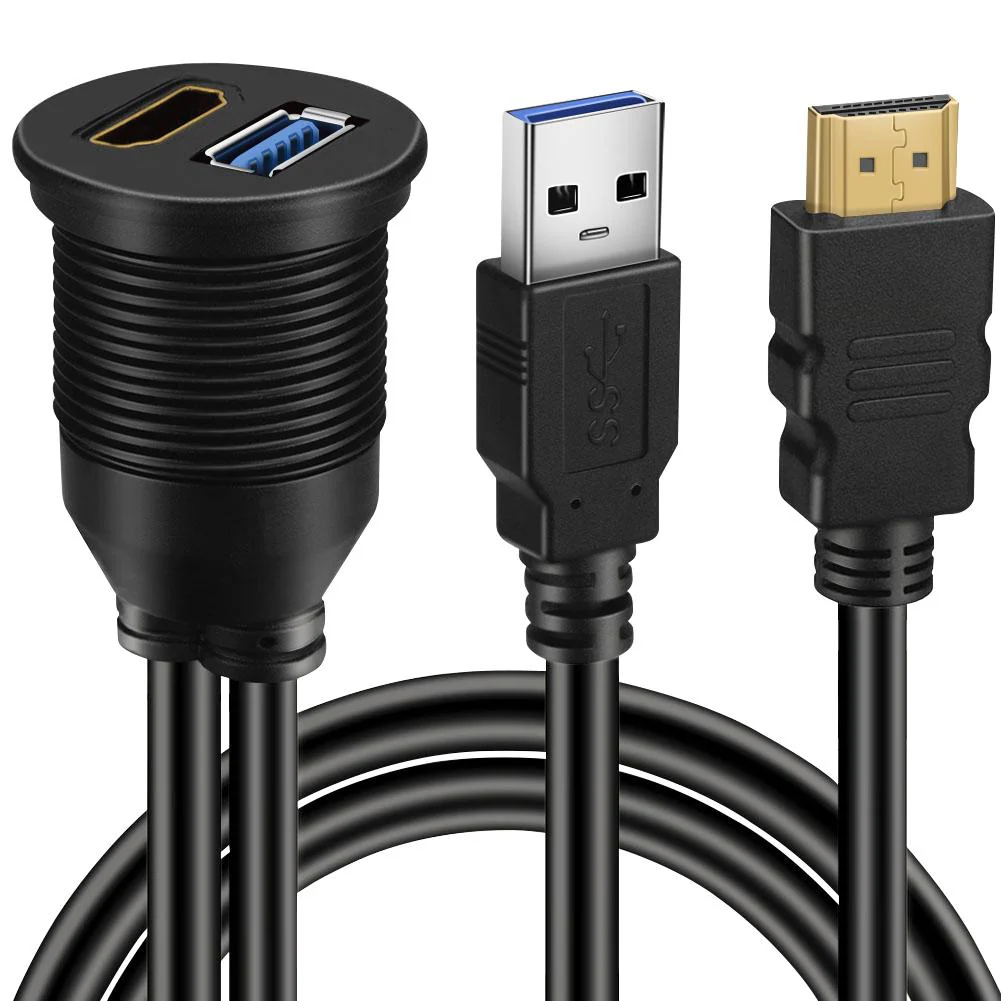 BATIGE USB 3.0 & HDMI to HDMI + USB3.0 AUX Extension Dash Panel Waterproof Car Flush Mount Cable for Car Boat and Motorcycle (6ft)