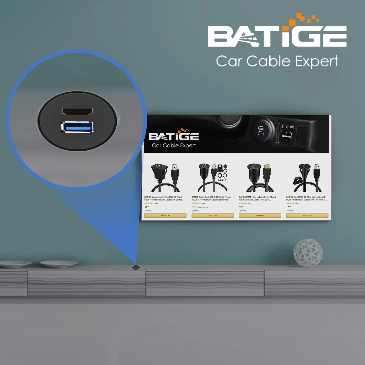 BATIGE USB 3.0 & HDMI to HDMI + USB3.0 AUX Extension Dash Panel Waterproof Car Flush Mount Cable for Car Boat and Motorcycle (6ft) - Image 2